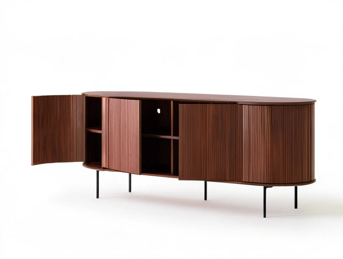 Oval Walnut Brown TV Stand with Black Steel Legs, 78 x 18 x 30 in
