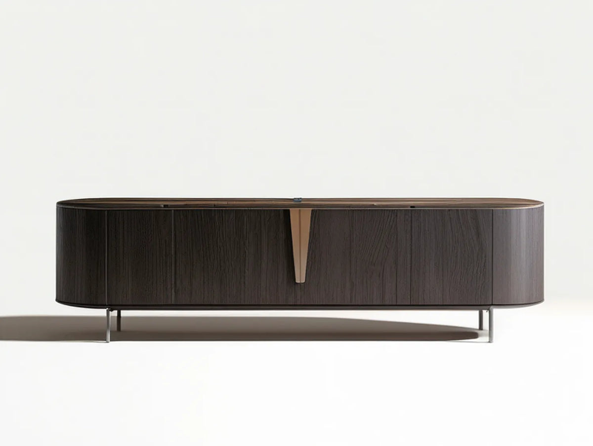 Curved 4-Door TV Stand, Dark Brown Walnut Veneer with Bronze and Silver Accents, 78.74 x 15.75 x 19.69 in