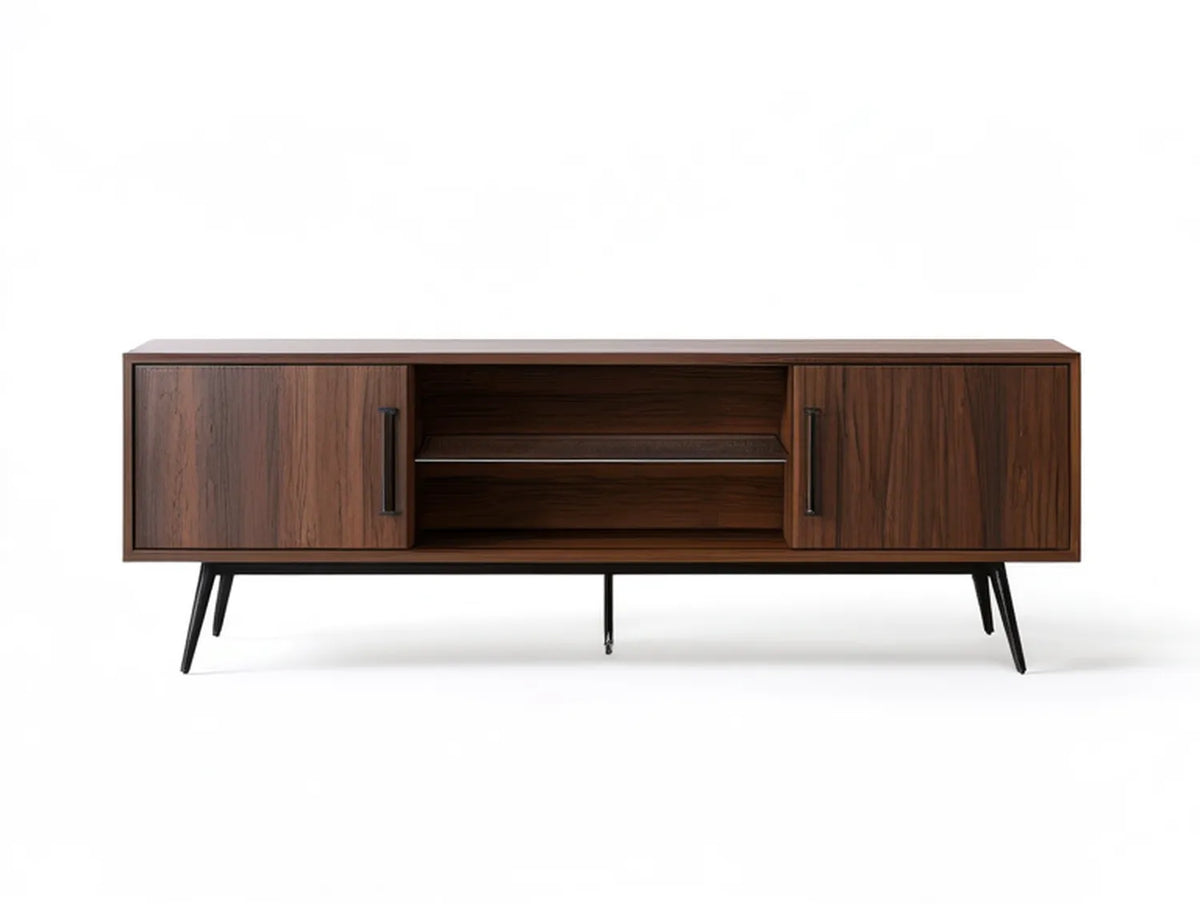 Walnut Brown and Black TV Stand Media Console, 70.9 x 15.7 x 23.6 in, 2 Doors and Open Shelves
