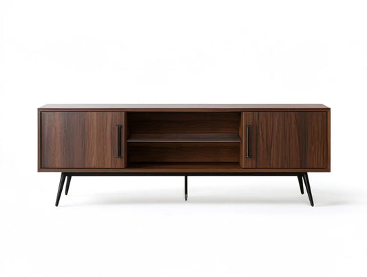 Walnut Brown and Black TV Stand Media Console, 70.9 x 15.7 x 23.6 in, 2 Doors and Open Shelves
