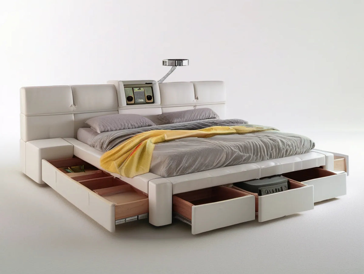 King Size White PU Leather Storage Bed with Drawers and Reading Light, 76 x 80 in