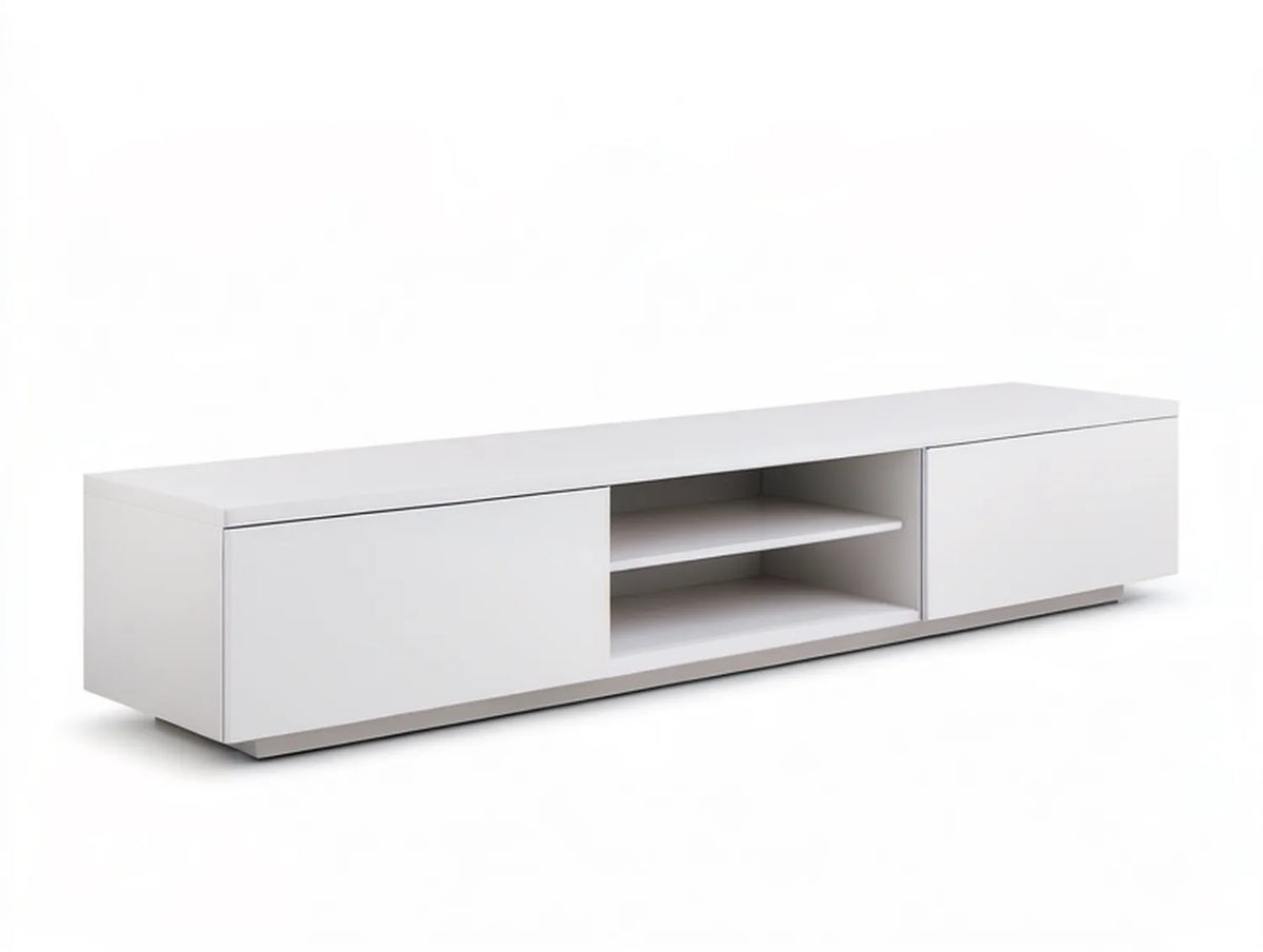 White Particleboard Media Console with Sliding Doors and Open Shelves, 70.9 x 15.7 x 15.0 in