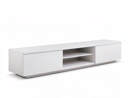 White Particleboard Media Console with Sliding Doors and Open Shelves, 70.9 x 15.7 x 15.0 in