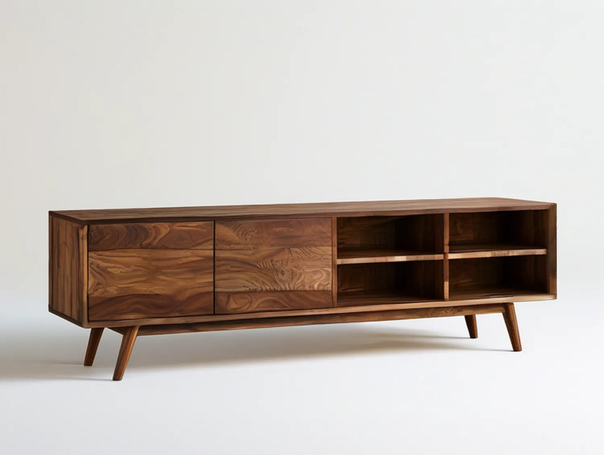 Mid-Century Modern Solid Walnut Wood Media Console, 70.9 x 15.7 x 21.7 in, Walnut Brown