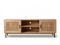70.87 in. Natural Oak Media Console with Sliding Rattan Doors, Black Steel Legs