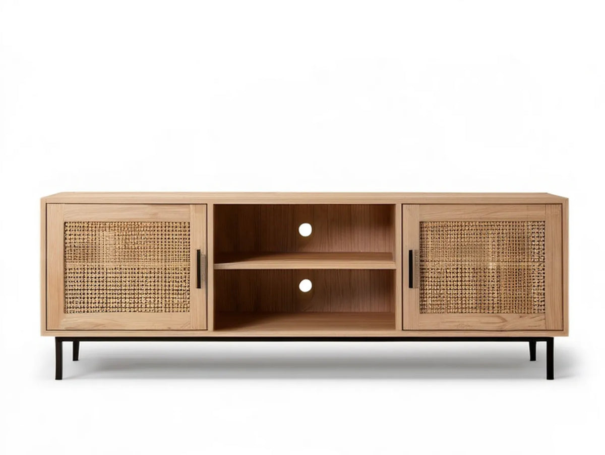 70.87 in. Natural Oak Media Console with Sliding Rattan Doors, Black Steel Legs