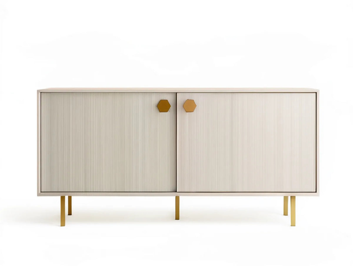 60 x 16 x 28 in White MDF TV Stand Console with Gold Steel Legs and Hexagonal Pulls