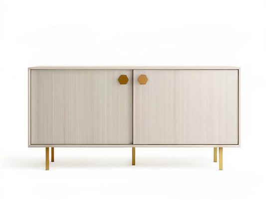 60 x 16 x 28 in White MDF TV Stand Console with Gold Steel Legs and Hexagonal Pulls