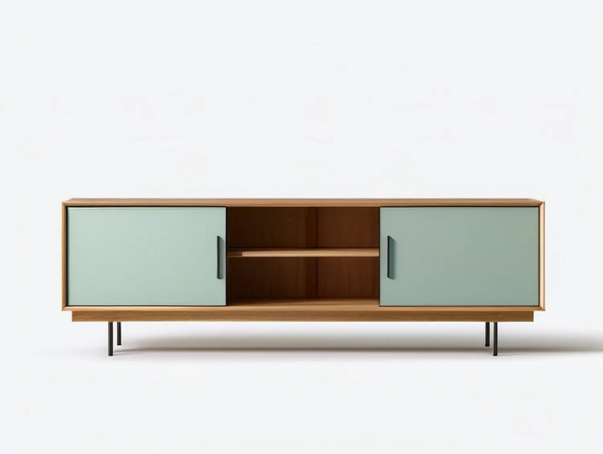 Walnut Brown and Mint Green Media Console, 70.9 x 15.7 x 25.6 in, Engineered Wood with Steel Legs