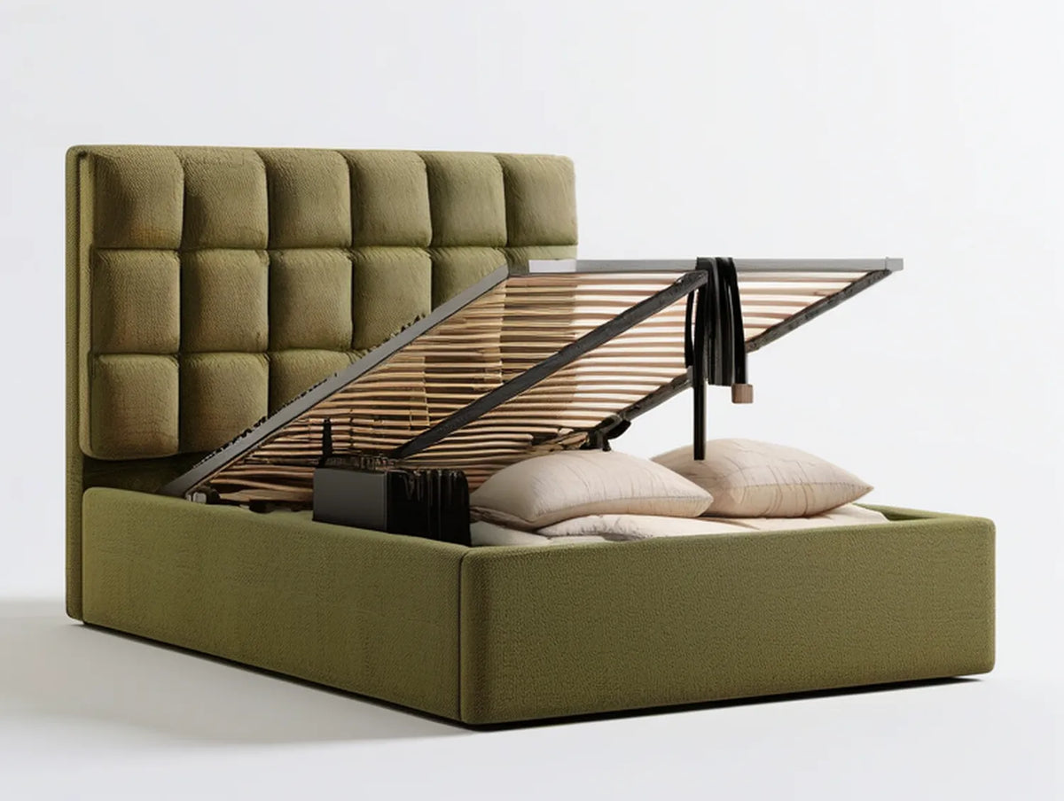 Queen Olive Green Upholstered Storage Bed Frame, 63 x 83 x 47 in