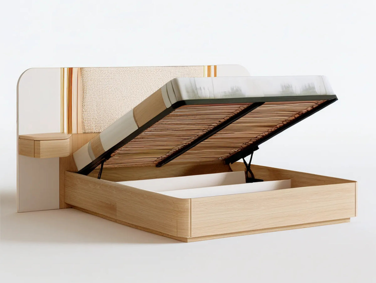 Queen Lift-Up Storage Bed, 85 x 64 x 48 in, Light Oak, Ivory and Gold