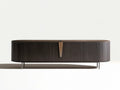 Curved 4-Door TV Stand, Dark Brown Walnut Veneer with Bronze and Silver Accents, 78.74 x 15.75 x 19.69 in