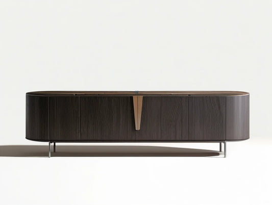 Curved 4-Door TV Stand, Dark Brown Walnut Veneer with Bronze and Silver Accents, 78.74 x 15.75 x 19.69 in