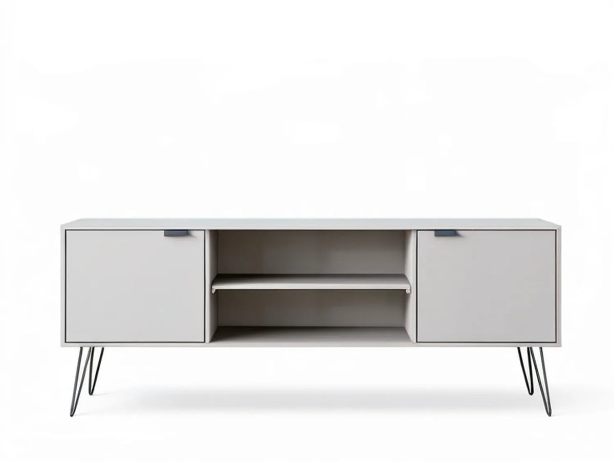 White and Black 63 x 16 x 22 in MDF Media Console with 2 Doors, Open Shelf, and Steel Hairpin Legs