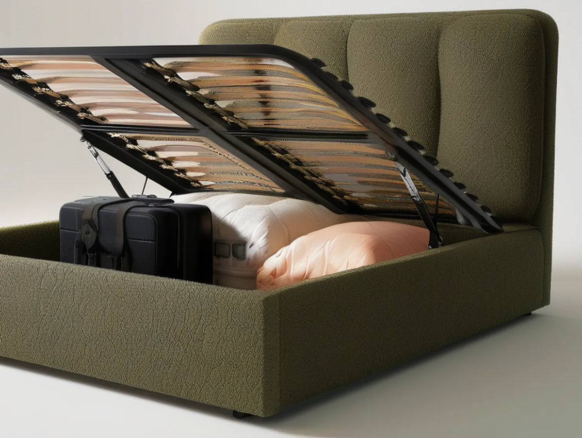 Queen Olive Green Upholstered Lift-Up Storage Bed, 63 x 84 x 48 in