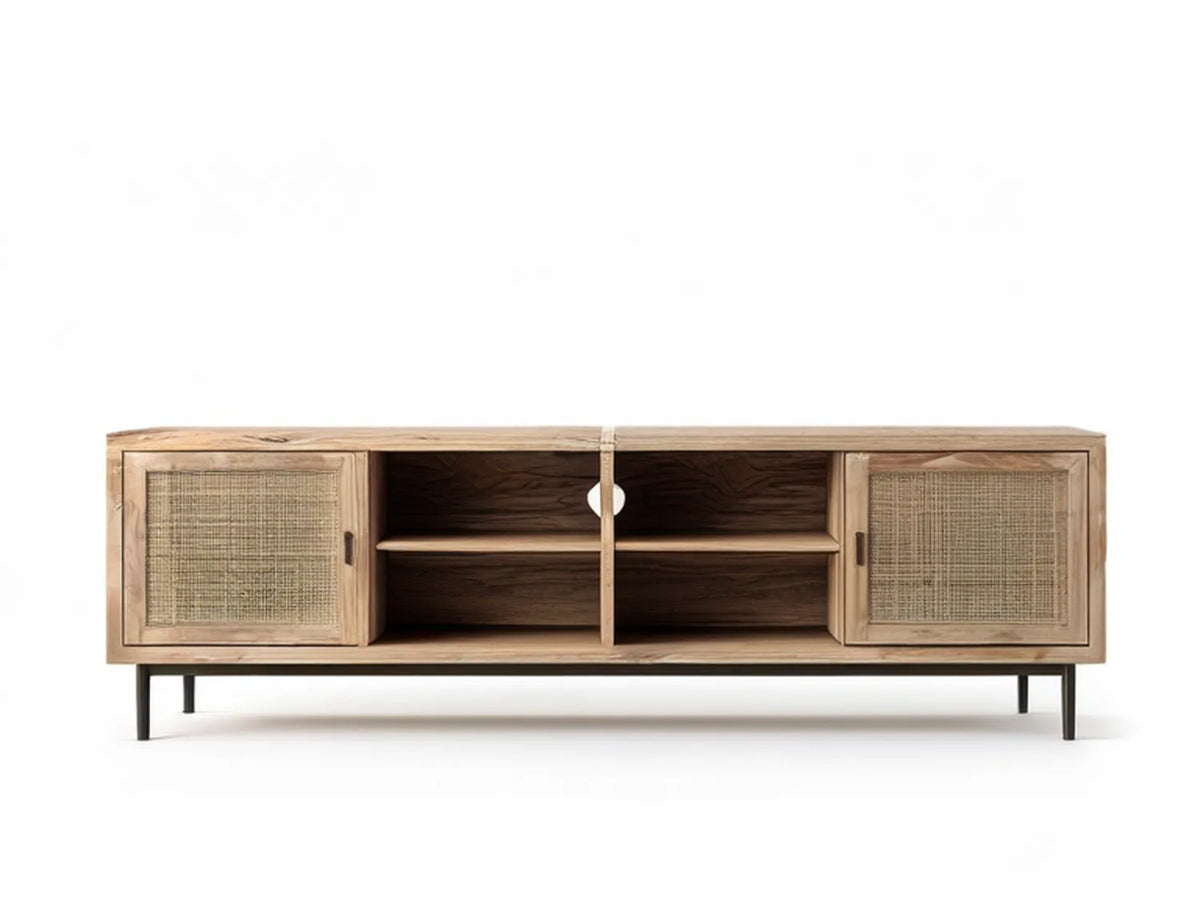 63 x 16 x 24 in Solid Mango Wood TV Stand with Natural Rattan Doors, Natural Brown/Beige/Black