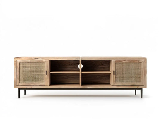 63 x 16 x 24 in Solid Mango Wood TV Stand with Natural Rattan Doors, Natural Brown/Beige/Black