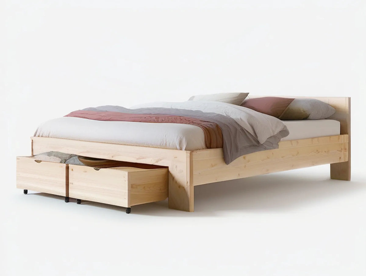 Queen-Size Natural Pine Storage Platform Bed with 2 Rolling Drawers, 64 x 84 x 36 in